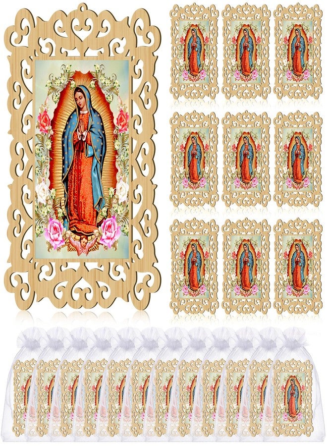 Quelay 12 Pcs Our Lady of Guadalupe Wooden Picture Frames with Organza Gift Bags Baptism Favors for Guests First Communion Christening Memorial Engrave Guest Gift Catholic Gifts Recuerdos De Bautizo - Image 1